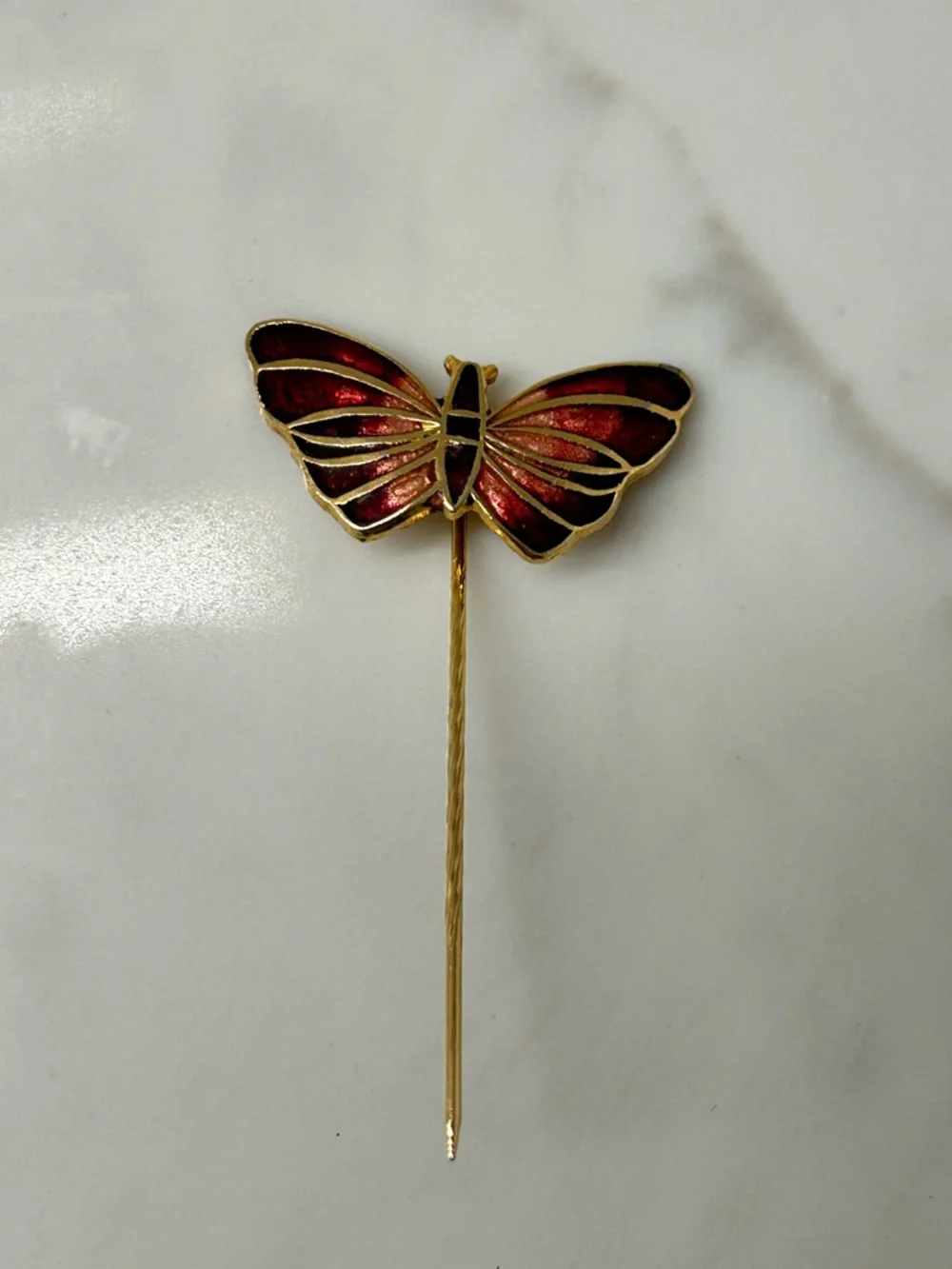 Gold Red Enamel Butterfly Stick Pin